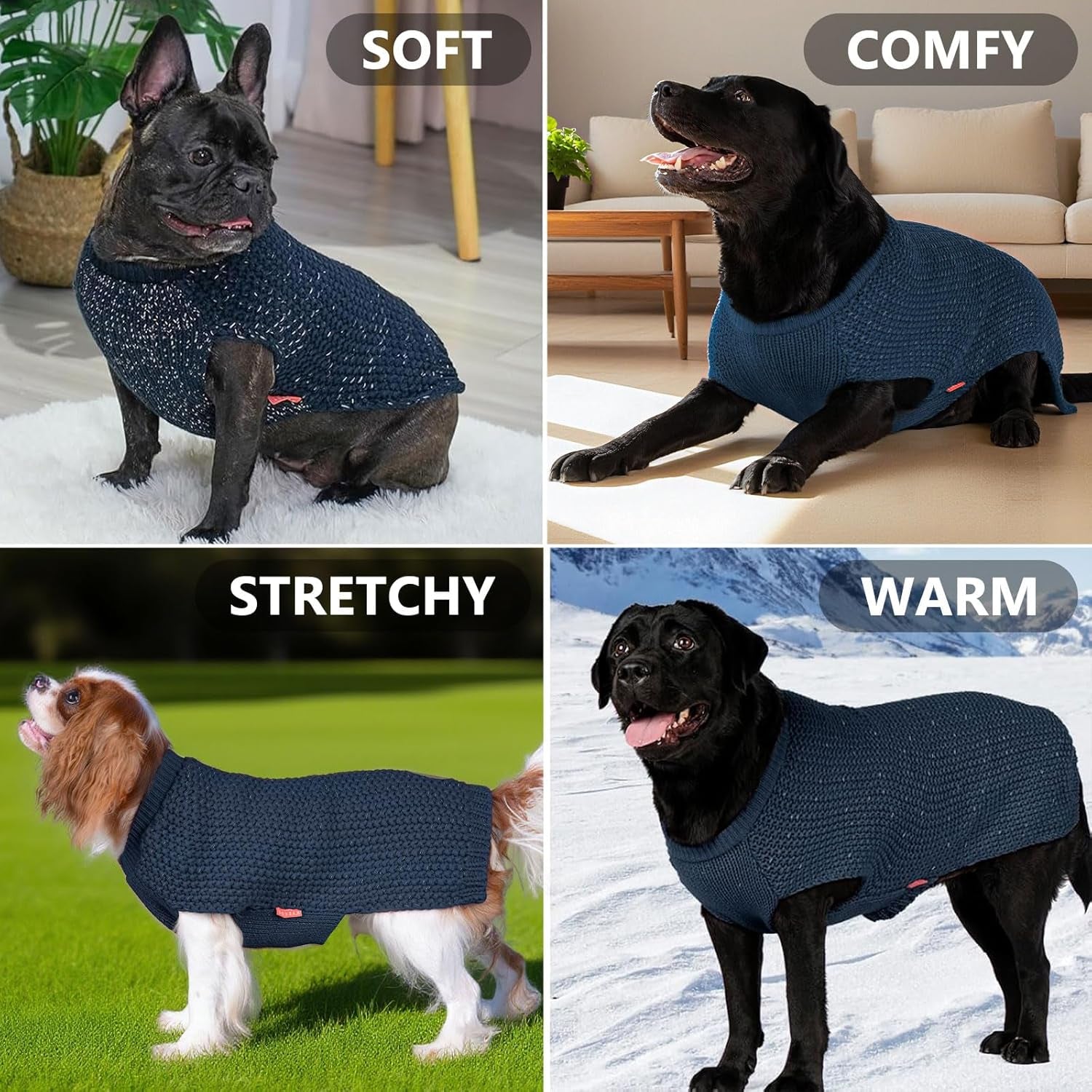 Warm Pullover Dog Sweater with Leash Hole and Reflective Yarn for Small to Medium Male Dogs - Cozy Lightweight Knit Coat in Navy Blue, Medium Size