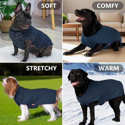 Warm Pullover Dog Sweater with Leash Hole and Reflective Yarn for Small to Medium Male Dogs - Cozy Lightweight Knit Coat in Navy Blue, Medium Size
