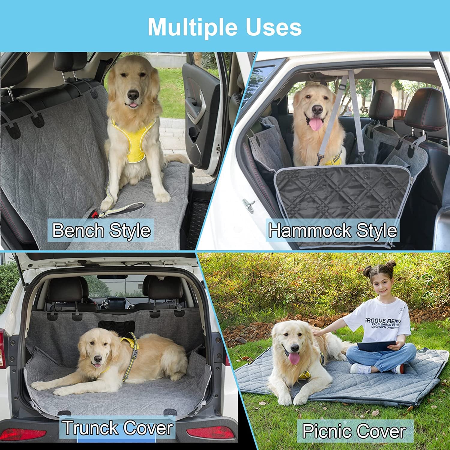 Premium 1080D Black Dog Car Seat Cover for Rear Seats