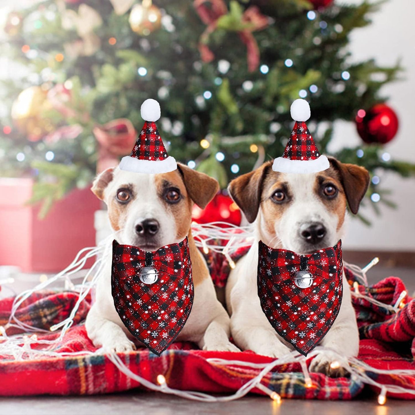 Christmas Snowflake Dog Bandana Costume Set with Plaid Scarf, Bow Tie, and Bell Decoration for Pets