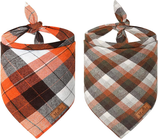 2 Pack Thanksgiving Plaid Dog Bandanas, Fall & Holiday Orange Dog Scarves with Halloween Design, Reversible Pet Bib Accessory for Small and Large Dogs