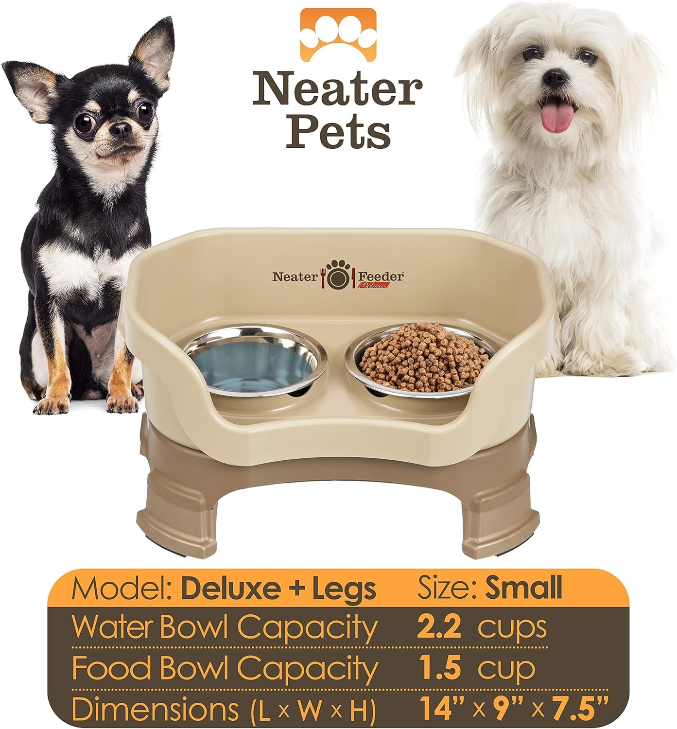 Neater Feeder Deluxe Mess-Proof Elevated Dog Bowls for Small Dogs (Up to 19 Lbs), 2 Height Adjustable (6” & 7.5”) No-Spill Raised Dog Bowl Stand, Stainless Steel Food Bowl Set, Made in USA, Cappuccino