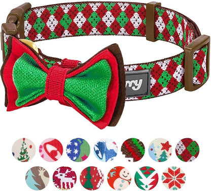 Stylish Fair Isle Dog Collar with Detachable Bow Tie - Adjustable for Small Dogs (Neck Size 12"-16")