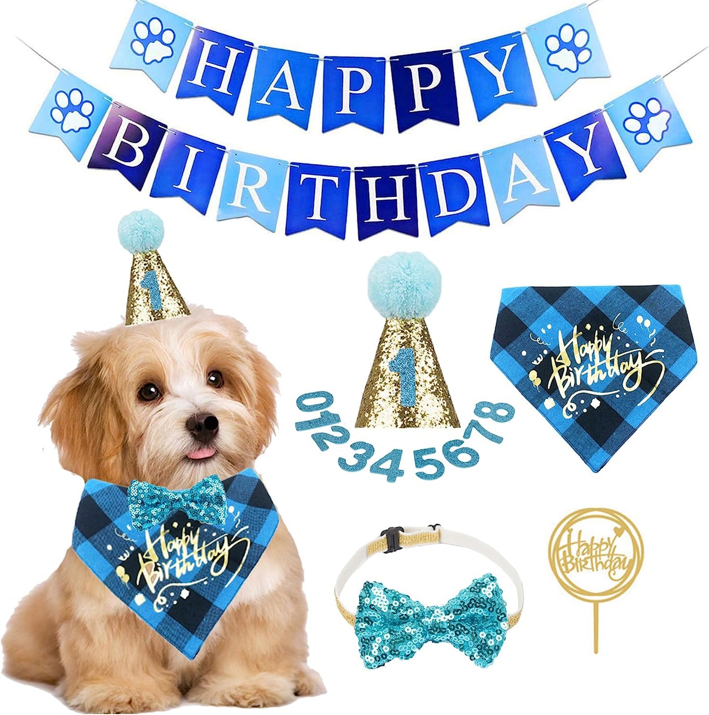 Dog Birthday Boy Bandana, Puppy 1St Birthday Party Supplies, Pet Party Hat Scarf Bowtie Banner Set for Small Medium Dogs (Small&Medium&Large)