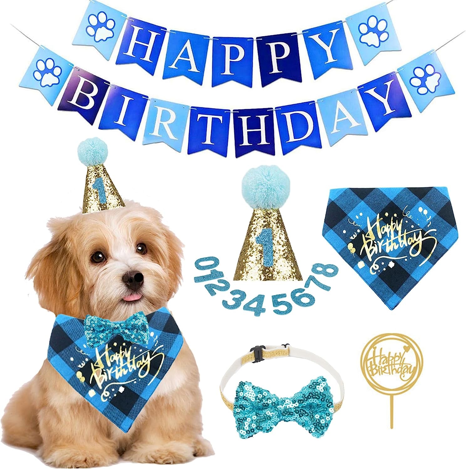Dog Birthday Boy Bandana, Puppy 1St Birthday Party Supplies, Pet Party Hat Scarf Bowtie Banner Set for Small Medium Dogs (Small&Medium&Large)