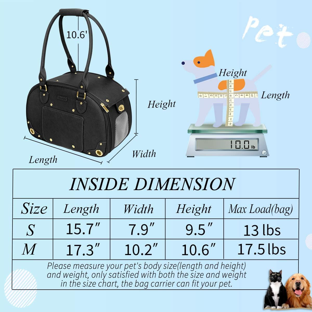 Premium PU Leather Dog Carrier Purse - Foldable Waterproof Pet Travel Bag for Cats and Small Dogs, Ideal for Home and Outdoor Use, Black