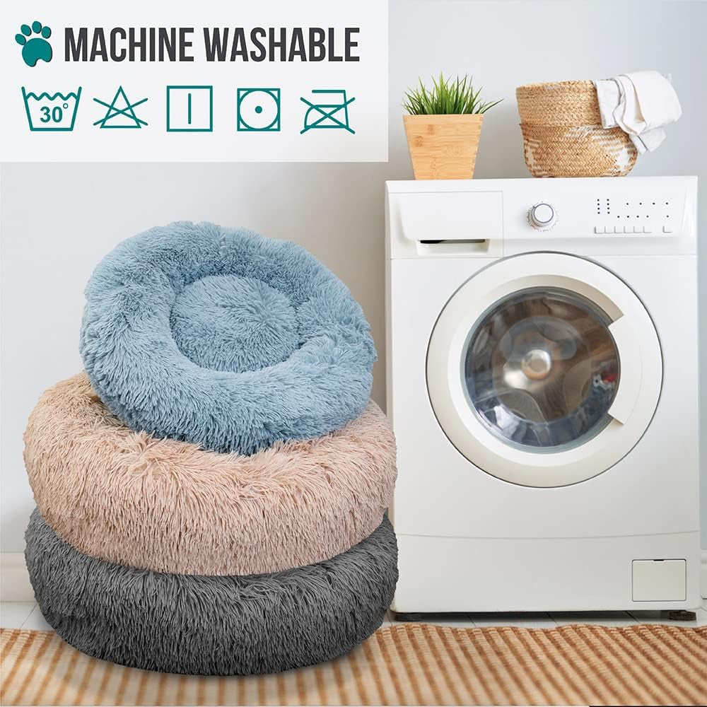 Calming Round Donut Bed for Small and Medium Dogs and Cats, 30-Inch Washable Faux Fur Anti-Anxiety Cuddler with Non-Slip Base - Light Gray