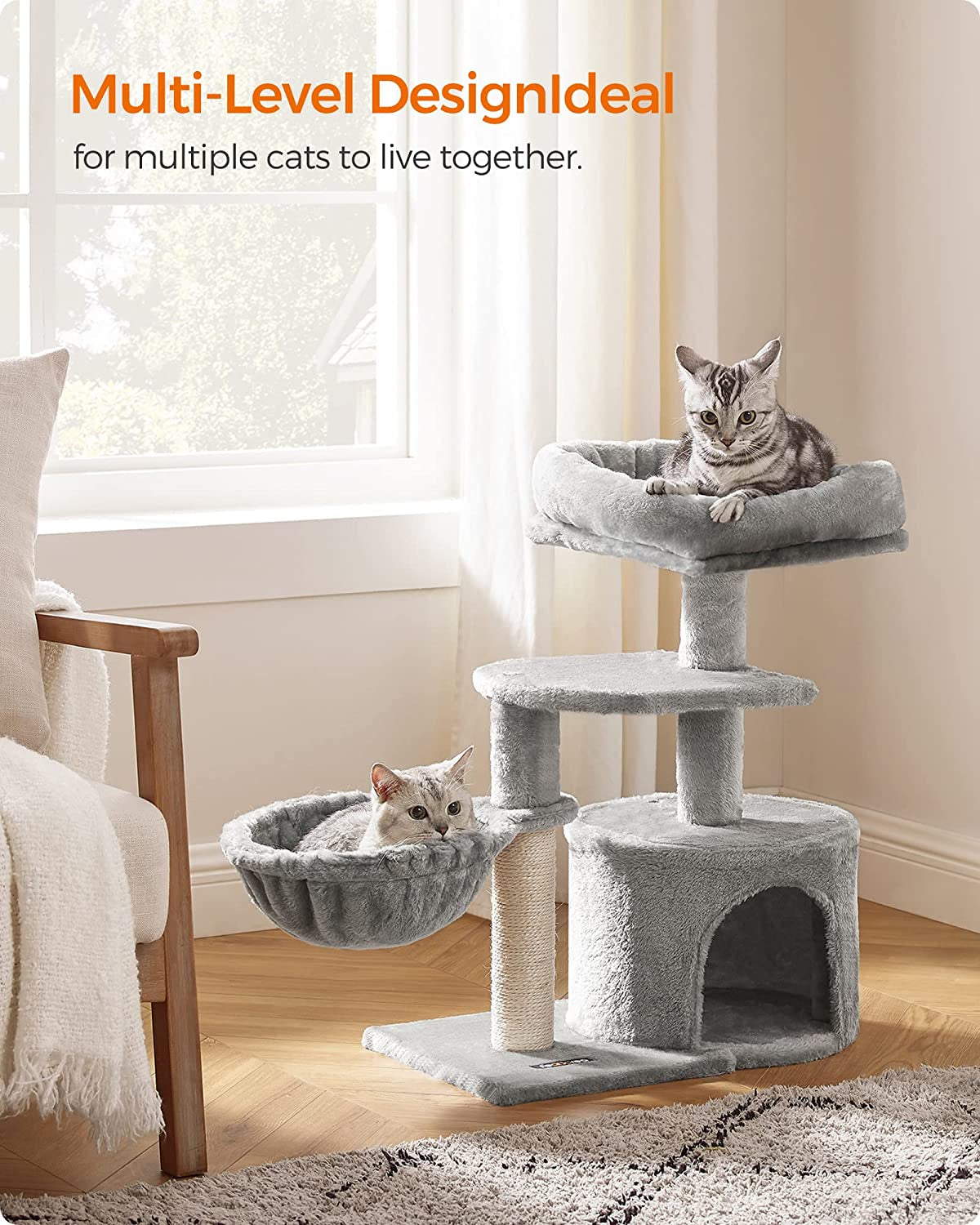 Light Gray Cat Tree and Activity Center with Scratching Post, Basket, and Cave for Small Cats and Kittens - Model UPCT59W