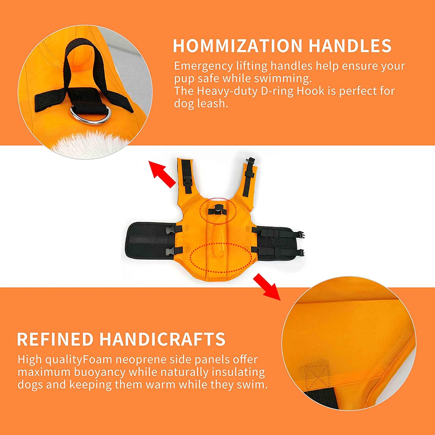 Dog Life Jacket - Adjustable Pet Swimming Vest for Short-Nosed Breeds (Pug, Bulldog, Poodle, Bull Terrier, Samoyed, Alaskan Malamute) - Upgrade Version (XS, Orange)