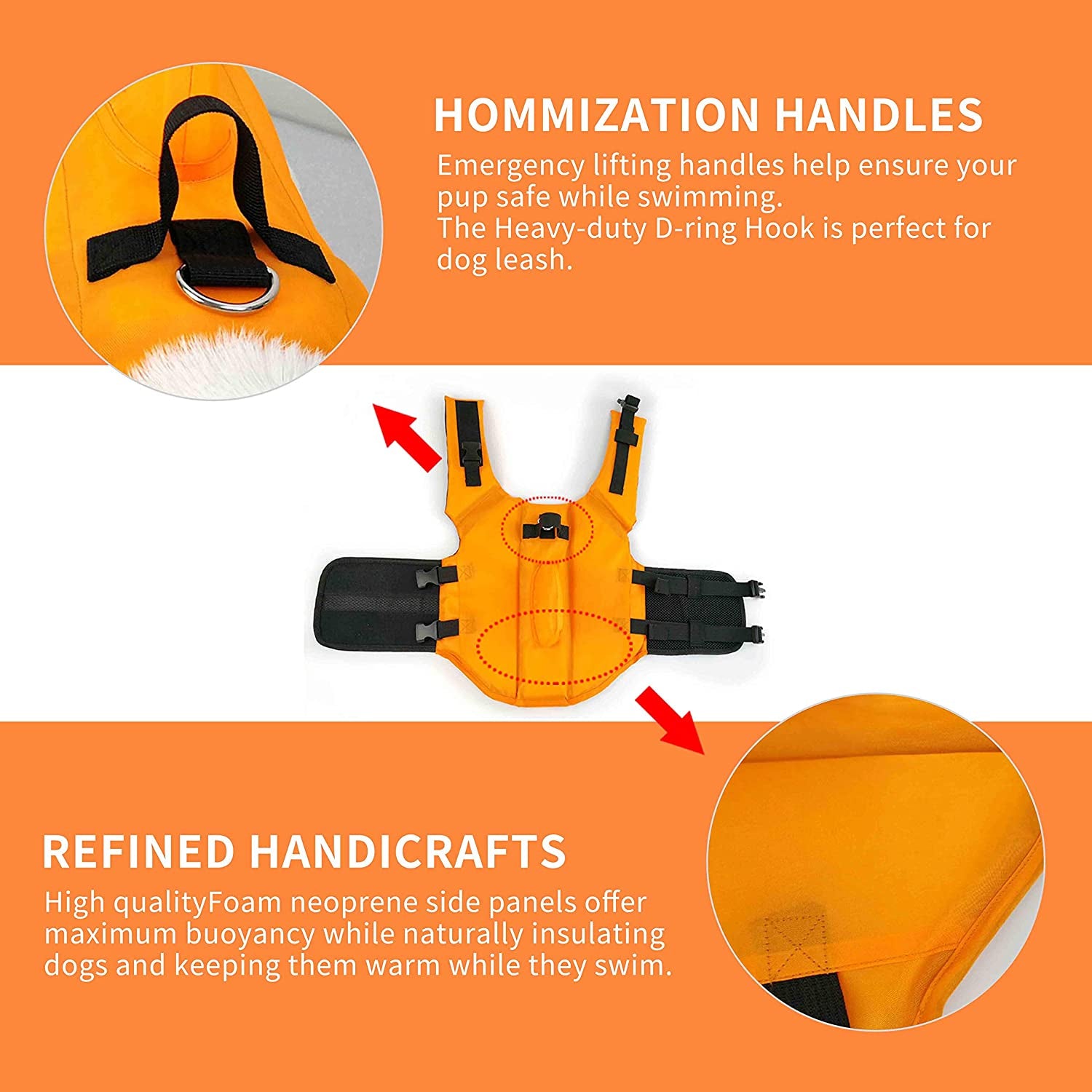 Dog Life Jacket - Adjustable Pet Swimming Vest for Short-Nosed Breeds (Pug, Bulldog, Poodle, Bull Terrier, Samoyed, Alaskan Malamute) - Upgrade Version (XS, Orange)