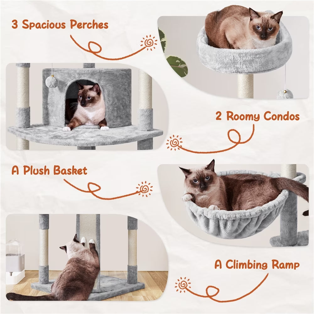 Spacious 76-Inch Light Gray Multilevel Cat Tree Tower with Cozy Condos and Perches