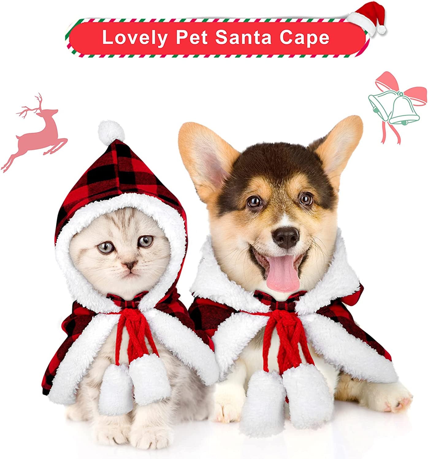 Red and Black Buffalo Plaid Santa Cape Costume for Cats and Dogs with Xmas Hat, Collar with Bell, and Bowtie - Medium Size Pet Outfit for Christmas Parties and Cosplay