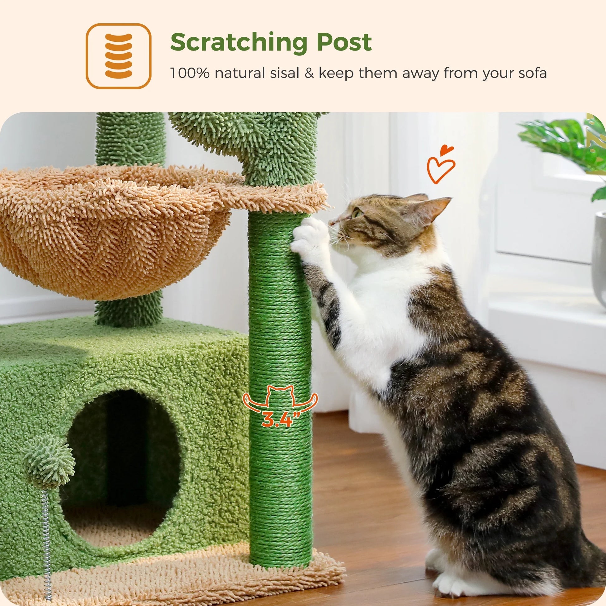 33" Cactus-Inspired Cat Tree with Scratching Posts, Spacious Top Perch, and Hammock for Medium Indoor Cats - Green