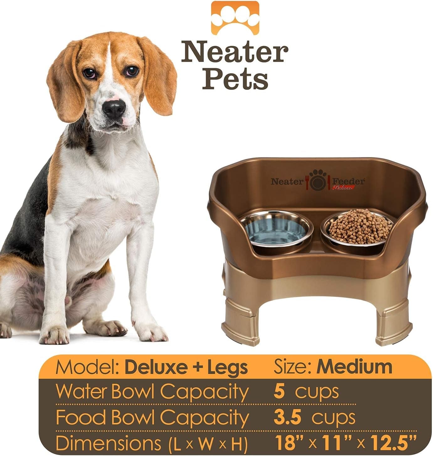 Neater Feeder Deluxe Mess-Proof Elevated Dog Bowls for Medium Dogs (19–40 Lbs), 2 Height Adjustable (10” & 12.5”) No-Spill Raised Dog Bowl Stand, Stainless Steel Food Bowl Set, Made in USA, Bronze