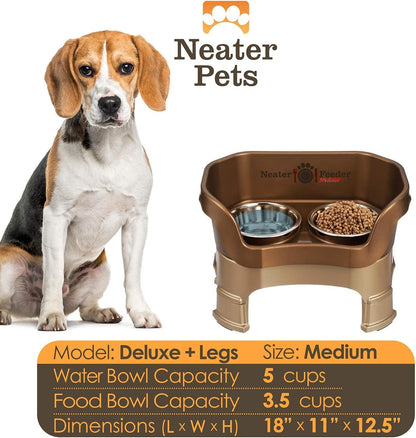 Neater Feeder Deluxe Mess-Proof Elevated Dog Bowls for Medium Dogs (19–40 Lbs), 2 Height Adjustable (10” & 12.5”) No-Spill Raised Dog Bowl Stand, Stainless Steel Food Bowl Set, Made in USA, Bronze