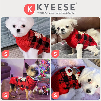Cozy Red Buffalo Plaid Dog Christmas Sweater with Reindeer Pattern - Turtleneck Knitwear for Small Dogs with Leash Hole