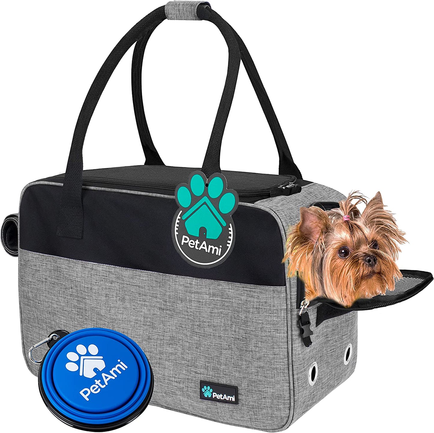 Soft-Sided Airline Approved Dog Purse Carrier for Small Dogs, Ventilated Pet Travel Bag with Pockets, Includes Sherpa Bed, Maximum Weight 12 lbs, Gray