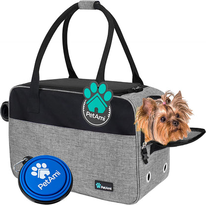 Soft-Sided Airline Approved Dog Purse Carrier for Small Dogs, Ventilated Pet Travel Bag with Pockets, Includes Sherpa Bed, Maximum Weight 12 lbs, Gray