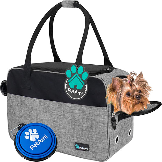 Soft-Sided Airline Approved Dog Purse Carrier for Small Dogs, Ventilated Pet Travel Bag with Pockets, Includes Sherpa Bed, Maximum Weight 12 lbs, Gray