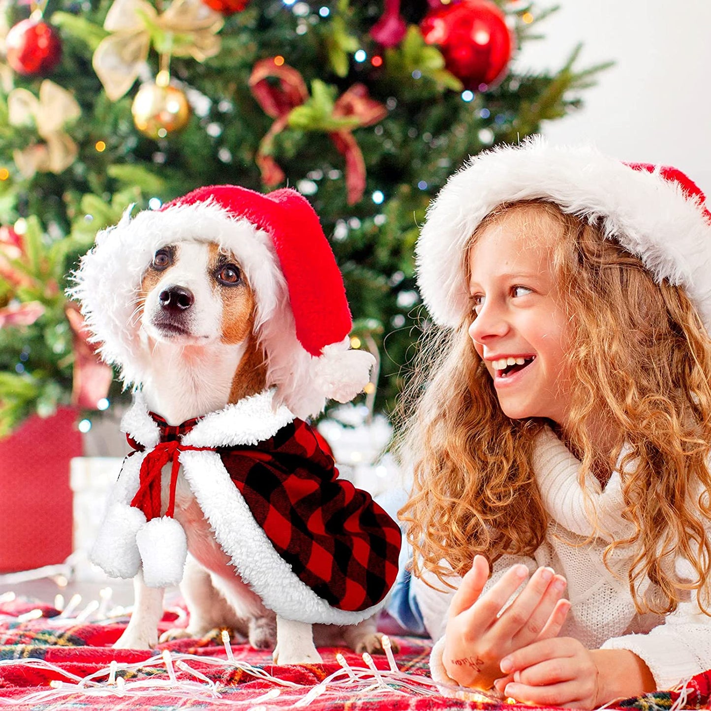 Red and Black Buffalo Plaid Santa Cape Costume for Cats and Dogs with Xmas Hat, Collar with Bell, and Bowtie - Medium Size Pet Outfit for Christmas Parties and Cosplay