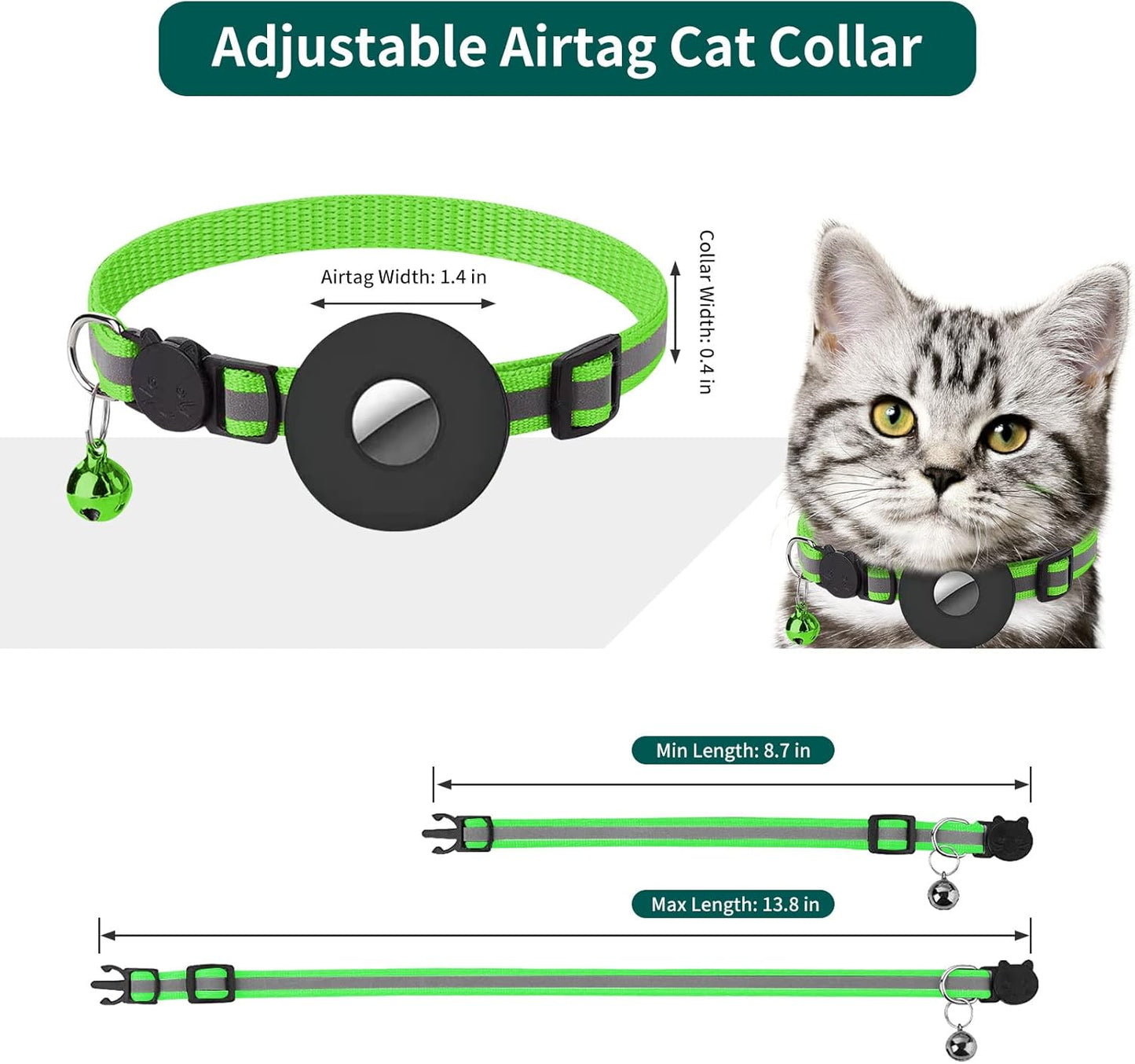 Reflective Breakaway Cat Collar with Waterproof AirTag Holder, GPS Tracker for Cats and Kittens (Green)