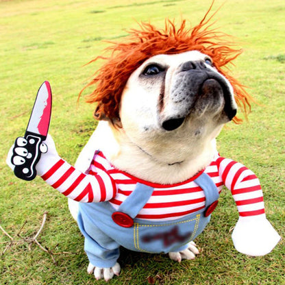 Humorous Dog Costumes for Halloween and Festivals - Comical Outfits Featuring Knife Prop for Pets
