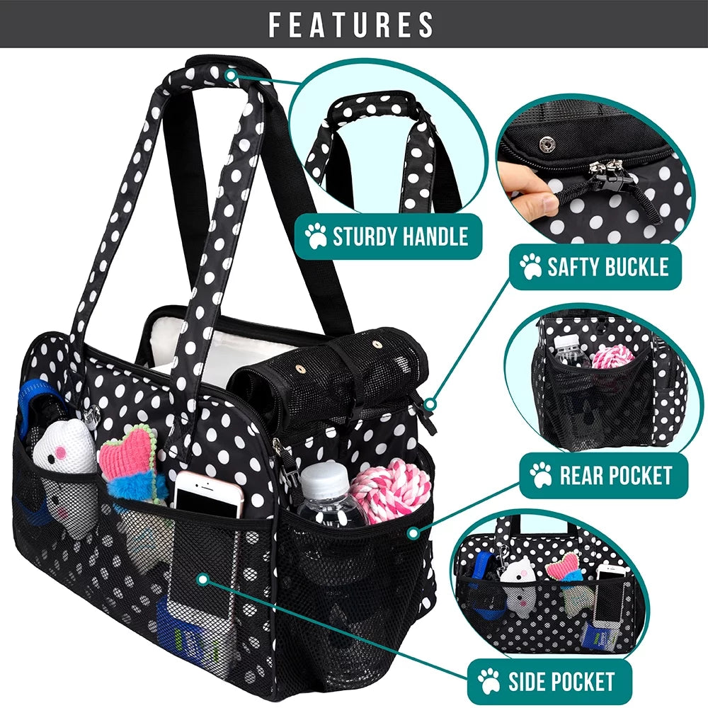 Soft-Sided Pet Carrier Bag for Small Dogs and Cats, Airline Approved with Breathable Mesh and Sherpa Bed, Portable Tote with Pockets, Polka Dot Black