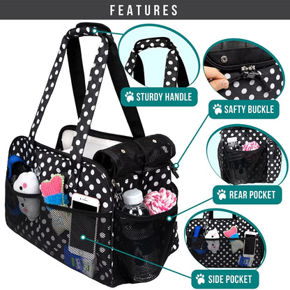 Soft-Sided Pet Carrier Bag for Small Dogs and Cats, Airline Approved with Breathable Mesh and Sherpa Bed, Portable Tote with Pockets, Polka Dot Black