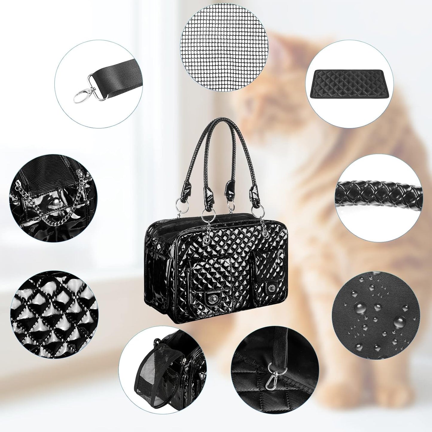 Premium PU Leather Pet Carrier for Small Dogs and Cats, Collapsible Portable Handbag for Travel and Outdoor Activities - Black