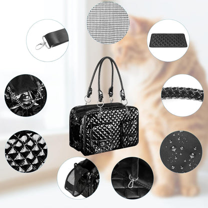 Premium PU Leather Pet Carrier for Small Dogs and Cats, Collapsible Portable Handbag for Travel and Outdoor Activities - Black