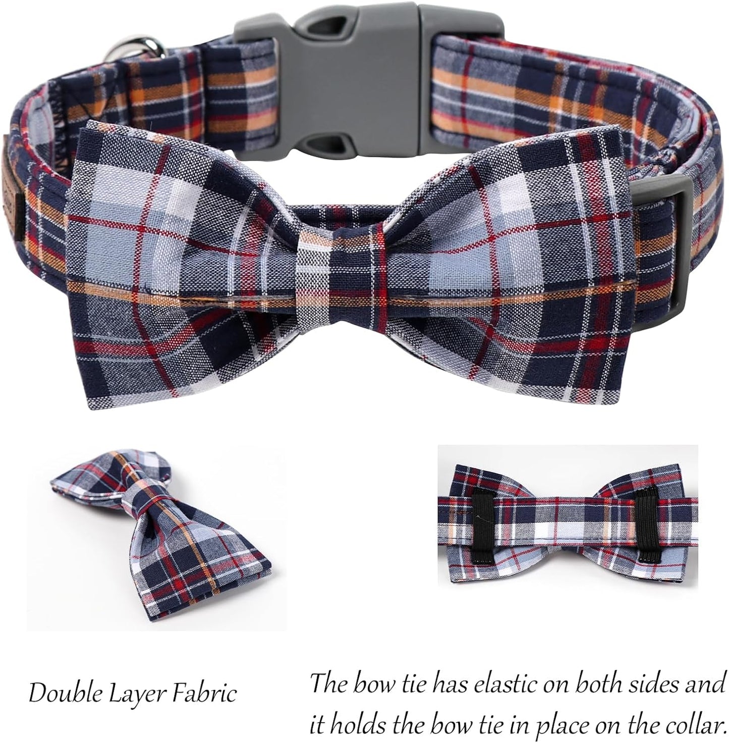 Dog and Cat Collar with Bowtie Grid Collar Plastic Buckle Light Adjustable Collars for Small Medium Large Dogs
