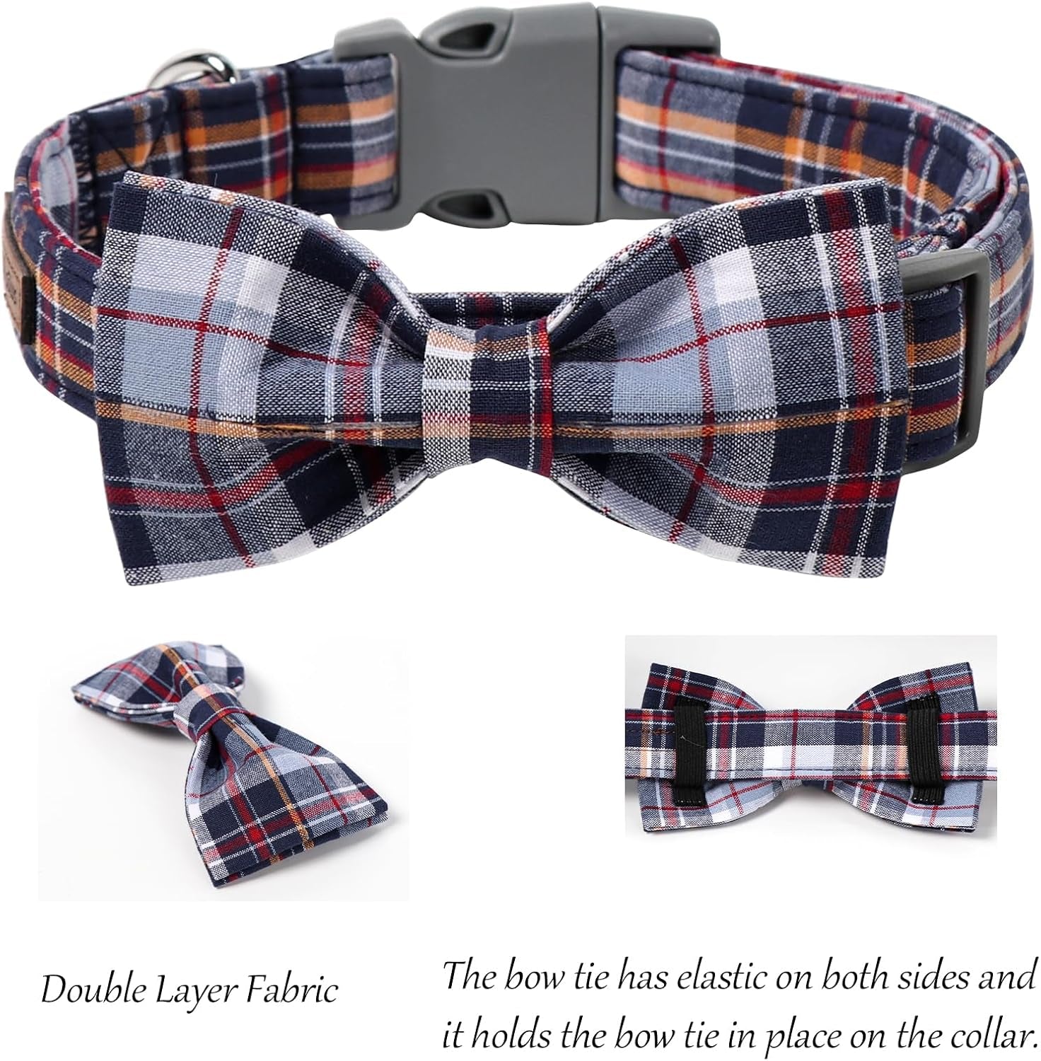 Dog and Cat Collar with Bowtie Grid Collar Plastic Buckle Light Adjustable Collars for Small Medium Large Dogs