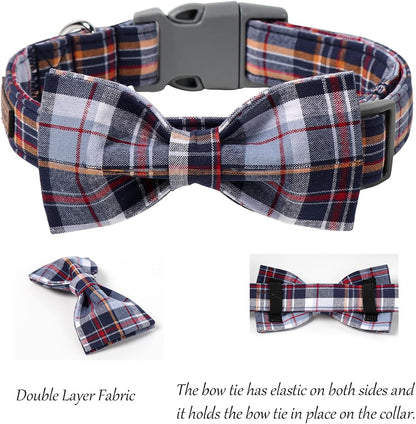 Dog and Cat Collar with Bowtie Grid Collar Plastic Buckle Light Adjustable Collars for Small Medium Large Dogs
