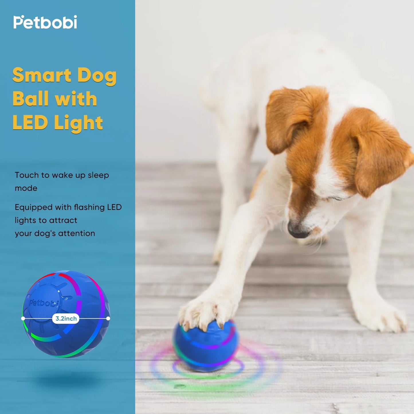 Interactive Toy Dog Ball, Active Rolling Ball for Dogs with Flashing LED Light, Moving Bouncing Toys Ball for Medium Large Dogs, USB Rechargeable, Blue