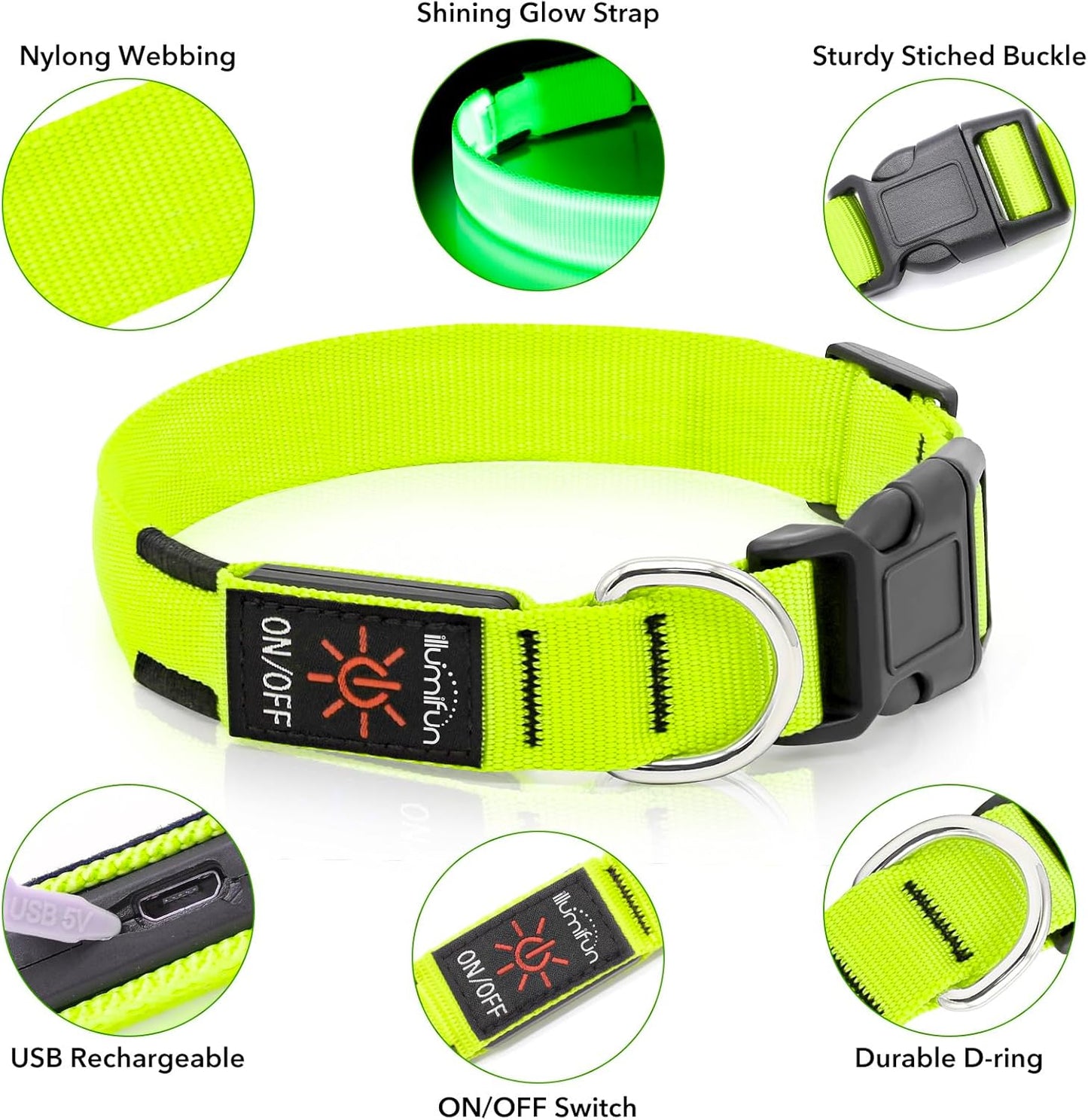 Rechargeable LED Dog Collar - Glow-in-the-Dark Safety Light for Night Walking and Camping (Green, Large)