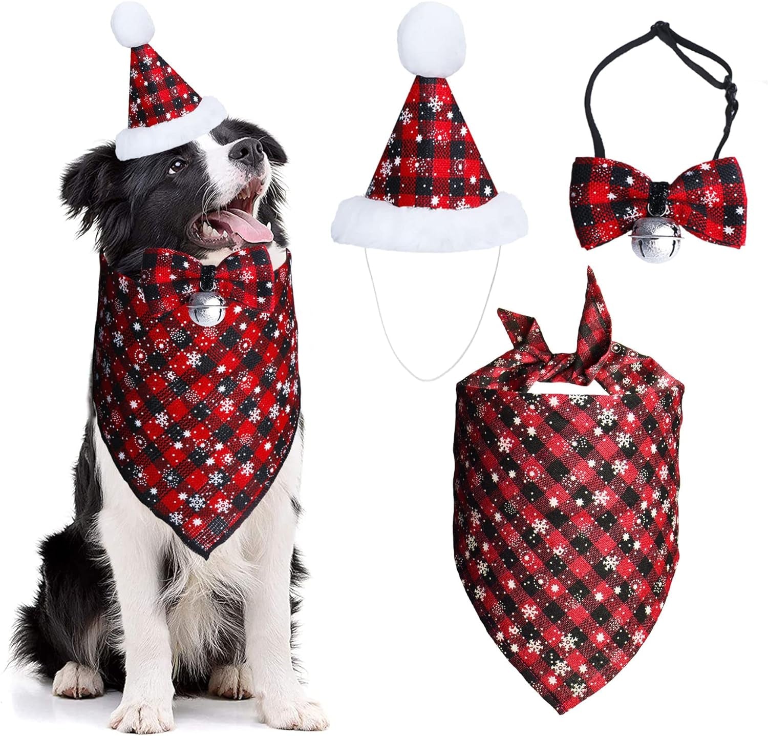 Christmas Snowflake Dog Bandana Costume Set with Plaid Scarf, Bow Tie, and Bell Decoration for Pets