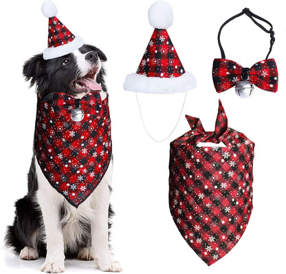 Christmas Snowflake Dog Bandana Costume Set with Plaid Scarf, Bow Tie, and Bell Decoration for Pets