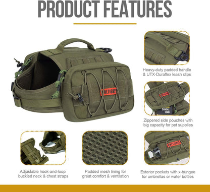 Tactical Nylon Dog Backpack for Medium and Large Breeds with Side Pockets for Hiking, Walking, Training, and Running (Green, Large)