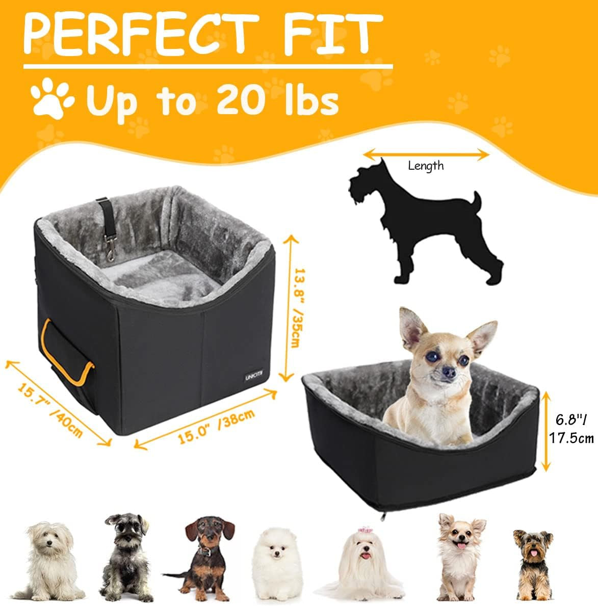 Elevated Dog Car Booster Seat for Small Dogs and Cats - Adjustable Straps Pet Travel Carrier Bed