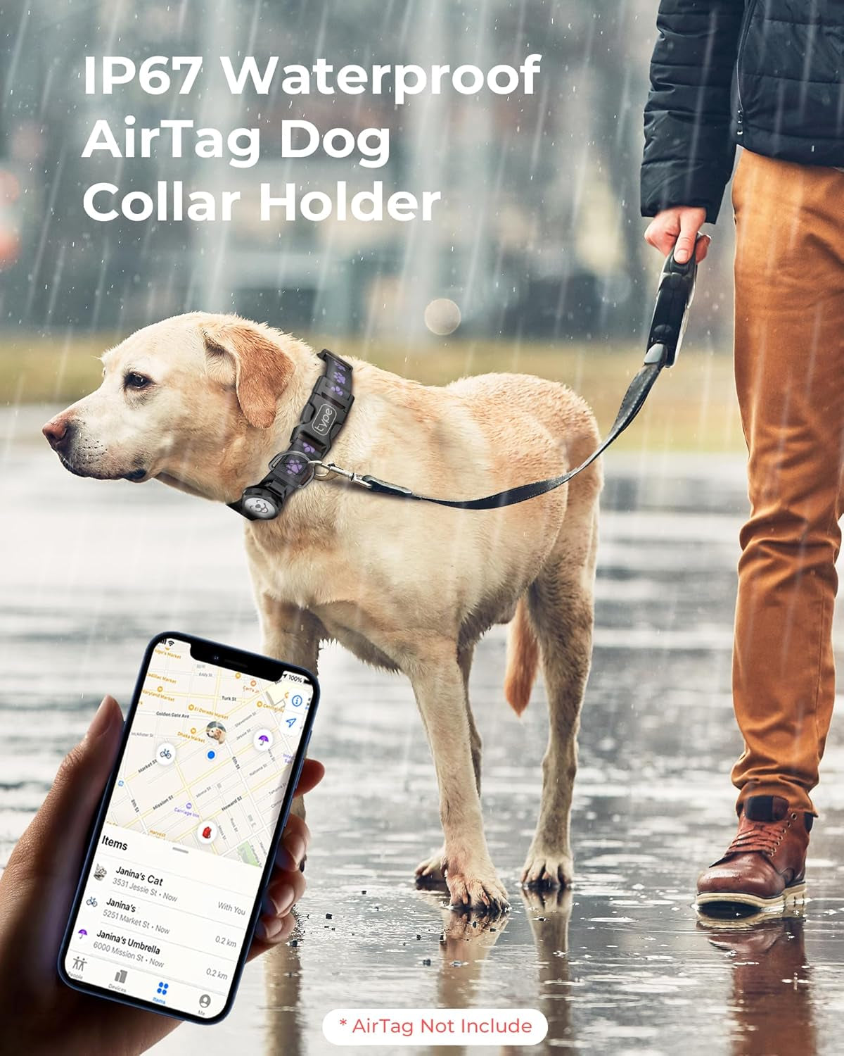Airtag-Compatible Dog Collar with IP67 Waterproof and Reflective Features, Adjustable for Medium and Large Dogs, Includes Twist-Lock Holder and Night Glow (M, 11.8"-15.9", Black)