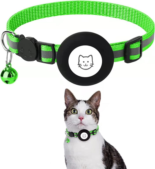 Reflective Breakaway Cat Collar with Waterproof AirTag Holder, GPS Tracker for Cats and Kittens (Green)