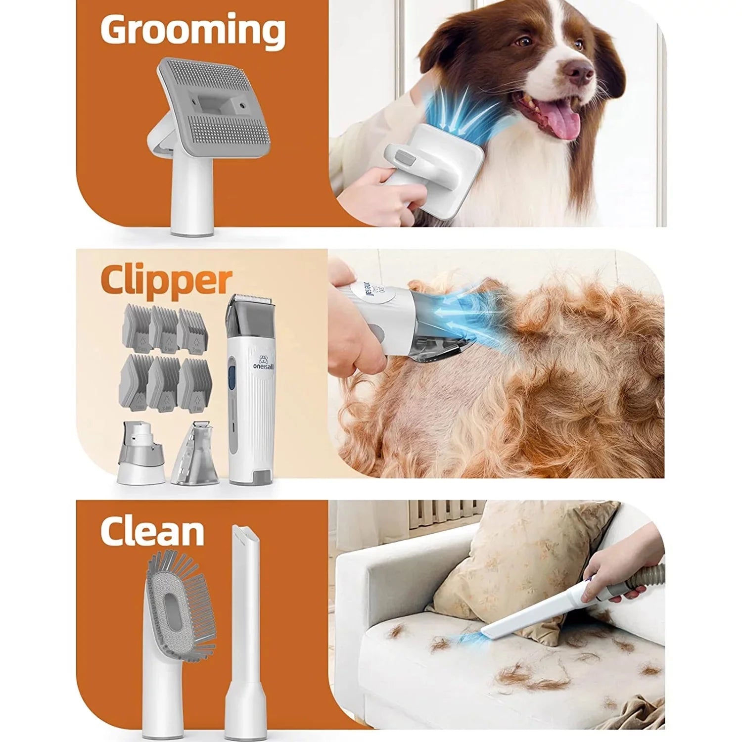 7-in-1 Low Noise Pet Grooming Vacuum with 1.5L Dust Cup and Professional Grooming Tools for Dogs and Cats, Gray