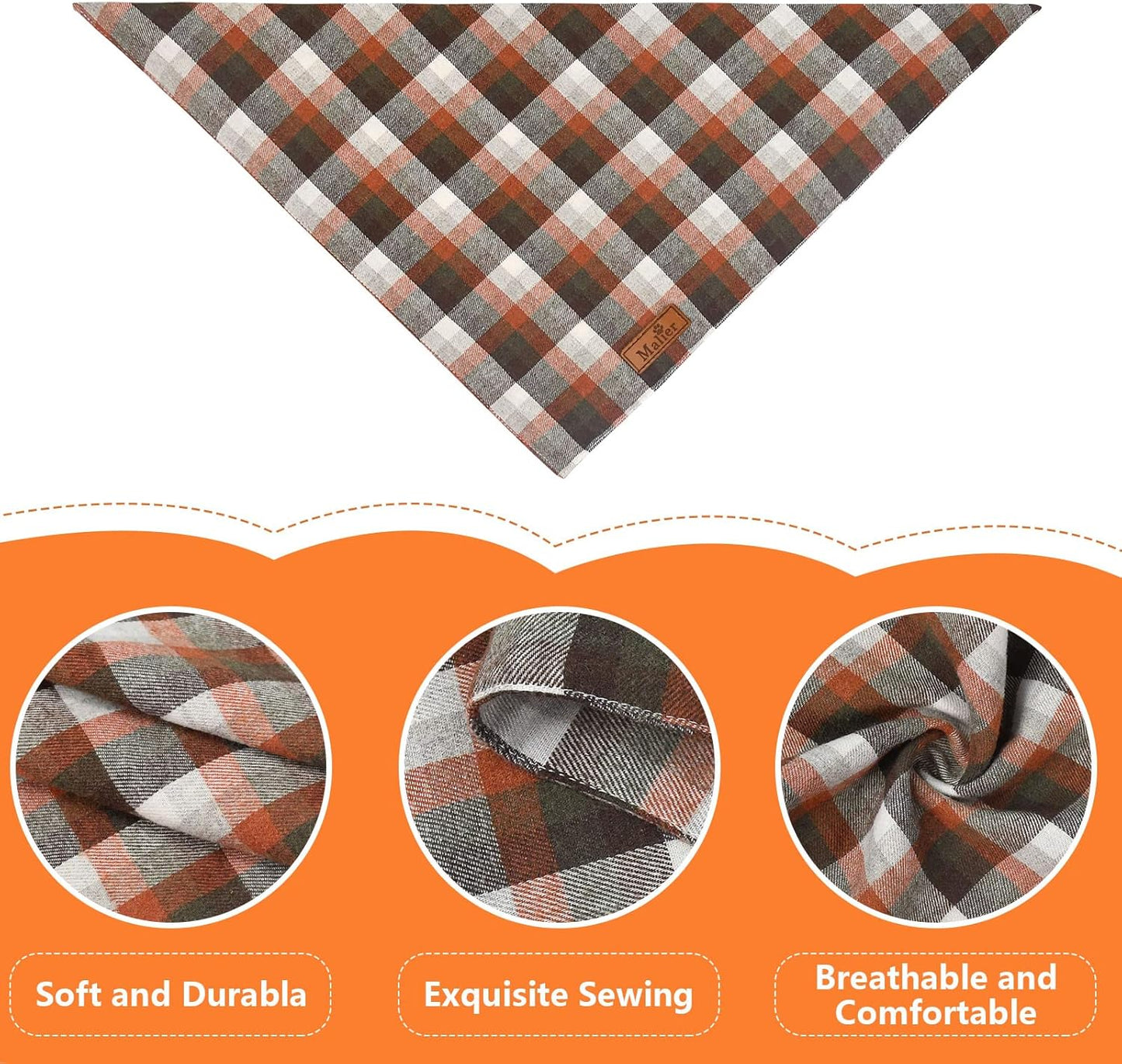 2 Pack Thanksgiving Plaid Dog Bandanas, Fall & Holiday Orange Dog Scarves with Halloween Design, Reversible Pet Bib Accessory for Small and Large Dogs
