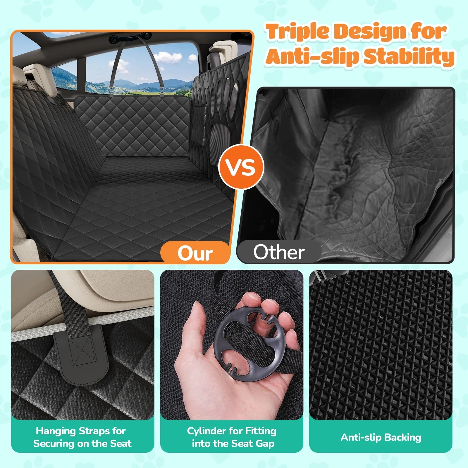 Non-Slip Waterproof Dog Car Hammock with Seatbelt - Scratch-Resistant Back Seat Protector