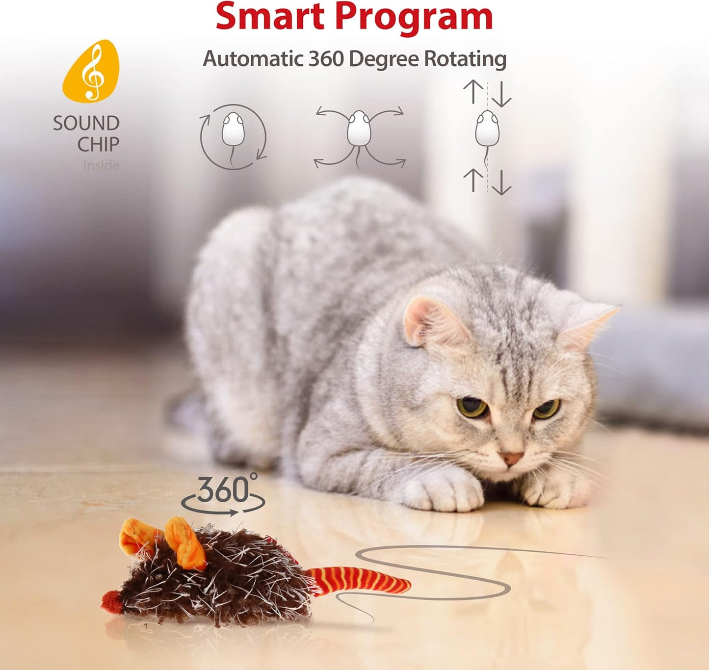 Interactive Indoor Cat Toys with Realistic Squeaky Sounds and Automatic Movement for Self-Play and Exercise (Orange Ear)