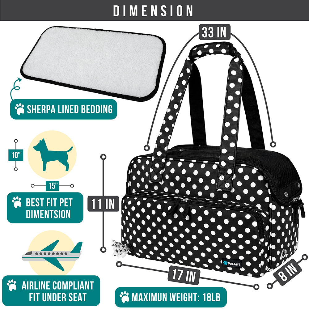 Soft-Sided Pet Carrier Bag for Small Dogs and Cats, Airline Approved with Breathable Mesh and Sherpa Bed, Portable Tote with Pockets, Polka Dot Black