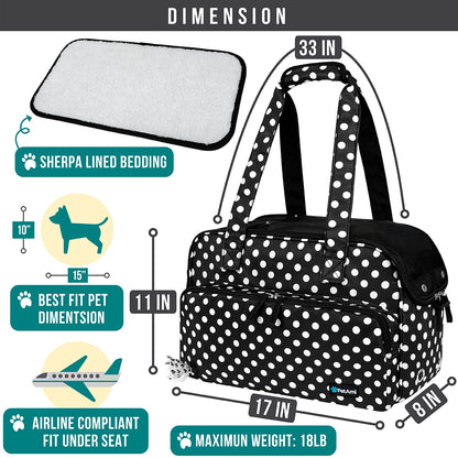 Soft-Sided Pet Carrier Bag for Small Dogs and Cats, Airline Approved with Breathable Mesh and Sherpa Bed, Portable Tote with Pockets, Polka Dot Black