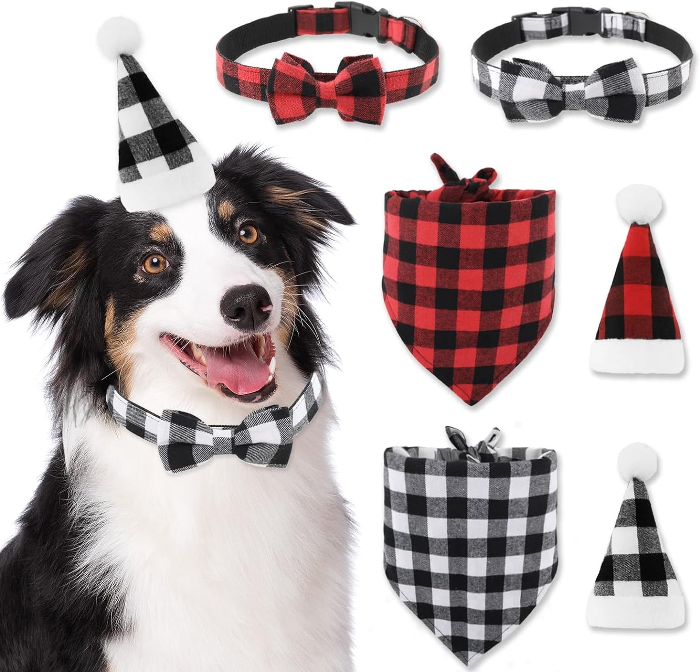 Festive 6-Piece Christmas Pet Costume Set - Adjustable Bandana, Hat, Bow Tie Collar & Triangle Bib for Dogs & Cats, Size L