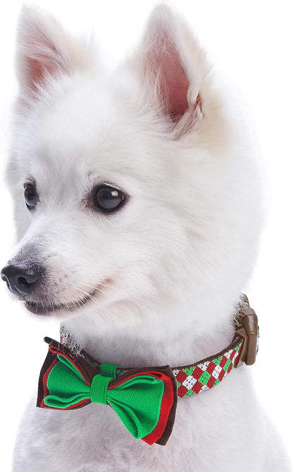 Stylish Fair Isle Dog Collar with Detachable Bow Tie - Adjustable for Small Dogs (Neck Size 12"-16")