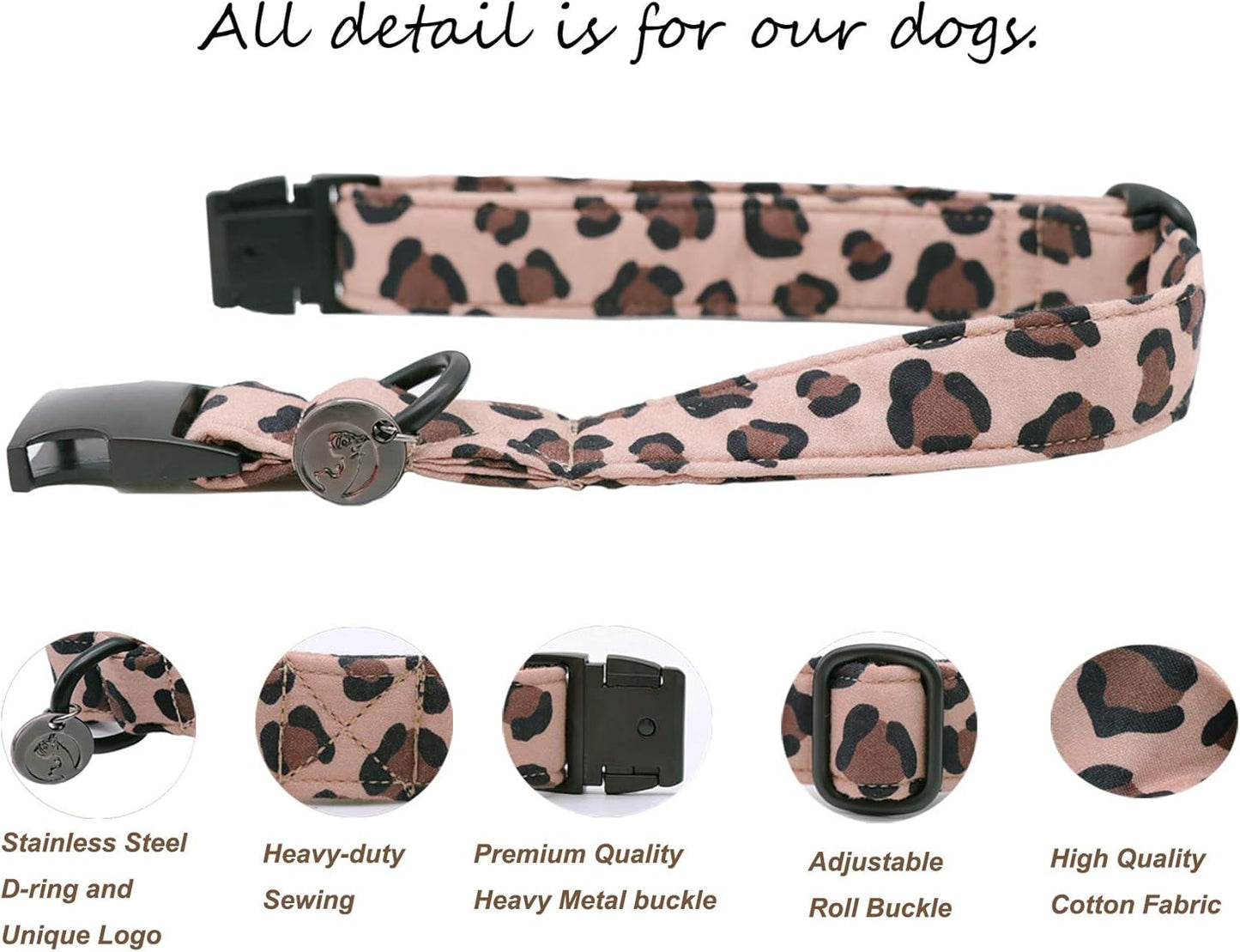 Cotton Dog Collar with Bowtei, Leopard Bowtie Dog Collars, Adjustable Heavy Duty Girl Dog Collar with Bow for Small Puppy Dogs